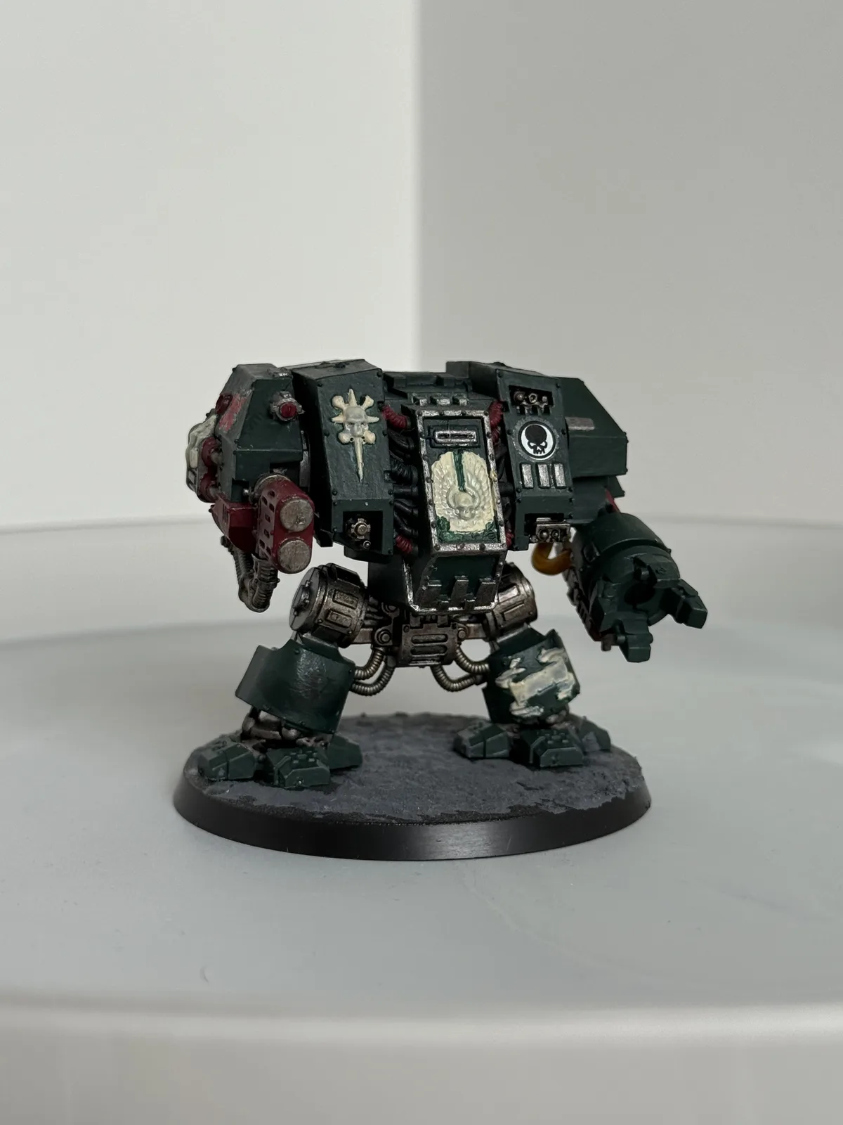 Commissioned Space Marine Dreadnought in dark green, rear three-quarter view