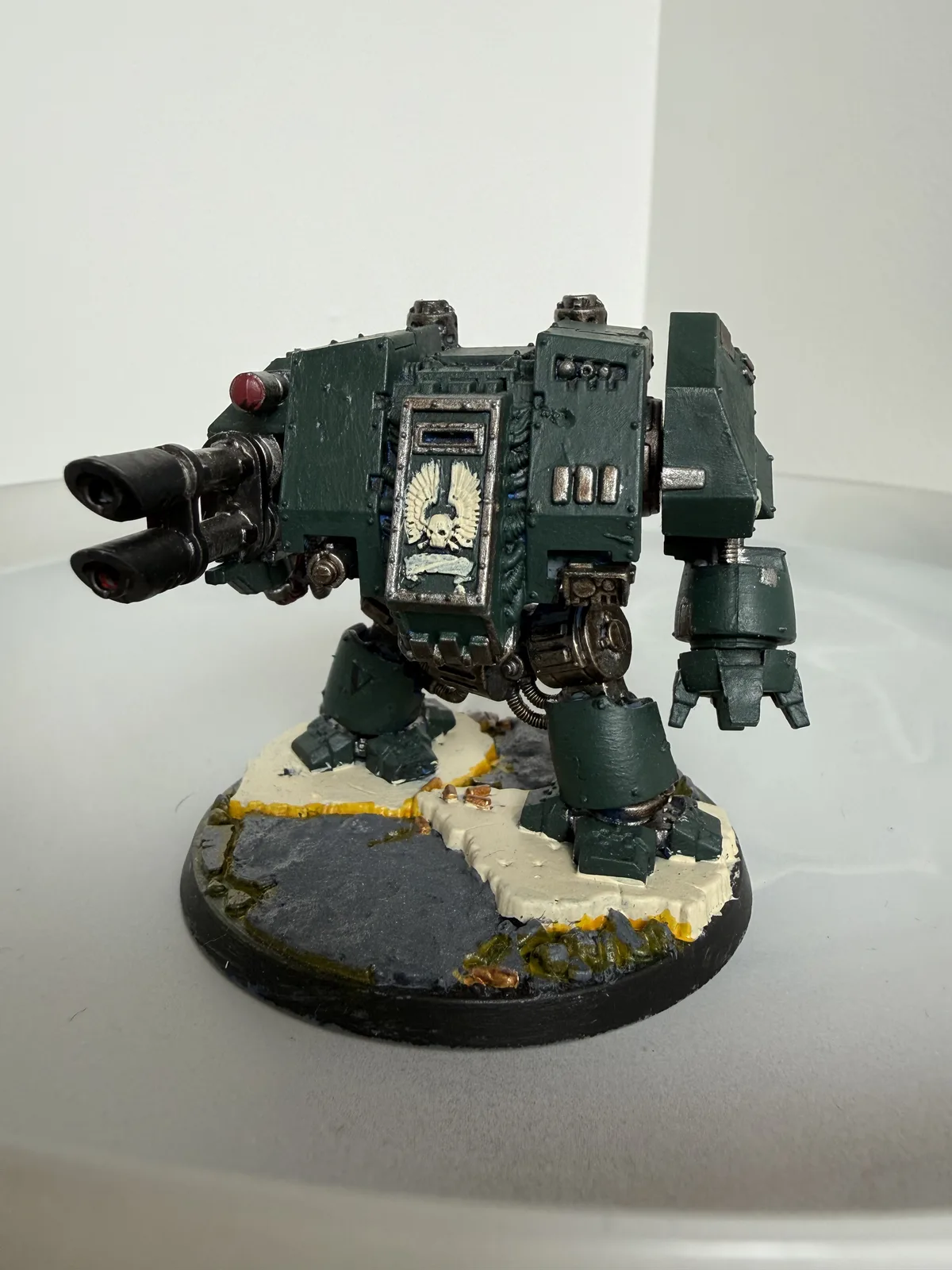 Commissioned Space Marine Dreadnought in dark green with assault cannon, front view